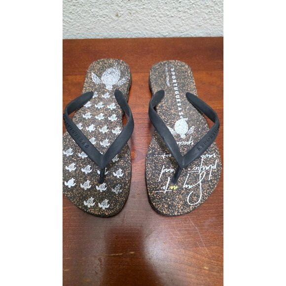 Asportuguesas Women's Cork Thong Flip-Flops Turtle Print & Black Straps Size 35/ - Picture 2 of 7